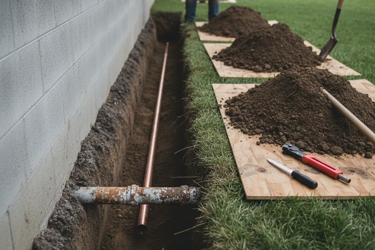 Excavated water line trench during Water Softener Installation in Strasburg